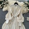 French High-end Stand-up Neck V-neck Lantern Sleeve Lace Dress Women's Waist and Thin Temperament Single-breasted Long Skirt