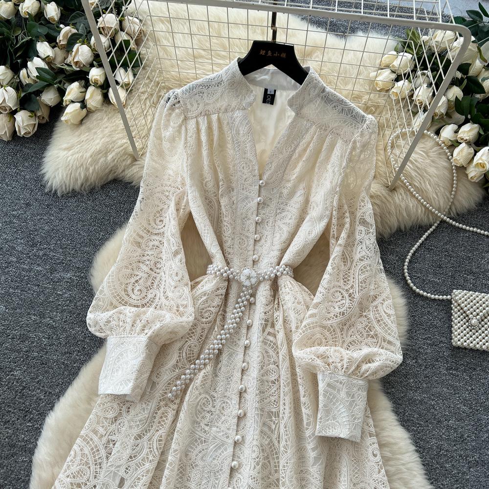 French High-end Stand-up Neck V-neck Lantern Sleeve Lace Dress Women's Waist and Thin Temperament Single-breasted Long Skirt