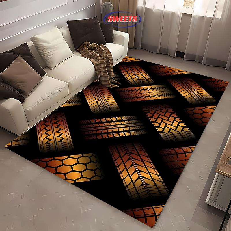 Black and Gold Tire Pattern Printed Carpet Suitable for Living Room Children's Room Bedroom Playroom Entryway Home Decor Floor