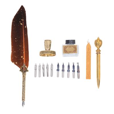 Feather Pen Set with 10 Interchangeable Nib Fire Lacquer Wax Letter Opener Pen Holder Ink Empty Bottle Retro Quill Pen