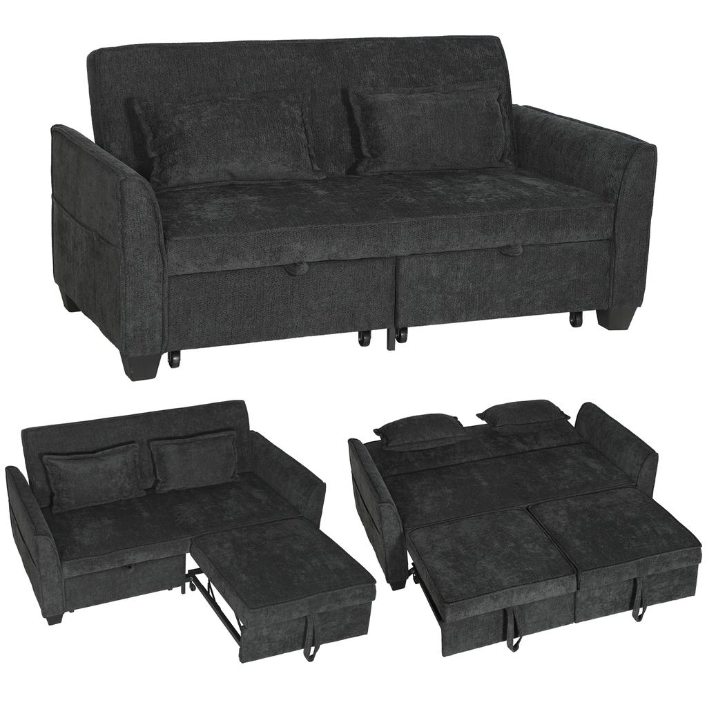 2 Seater Sofa Bed, 4-in-1 L-Shaped Convertible Pull-Out Sleeper Sofa with Adjustable Backrest and Side Pockets, Black
