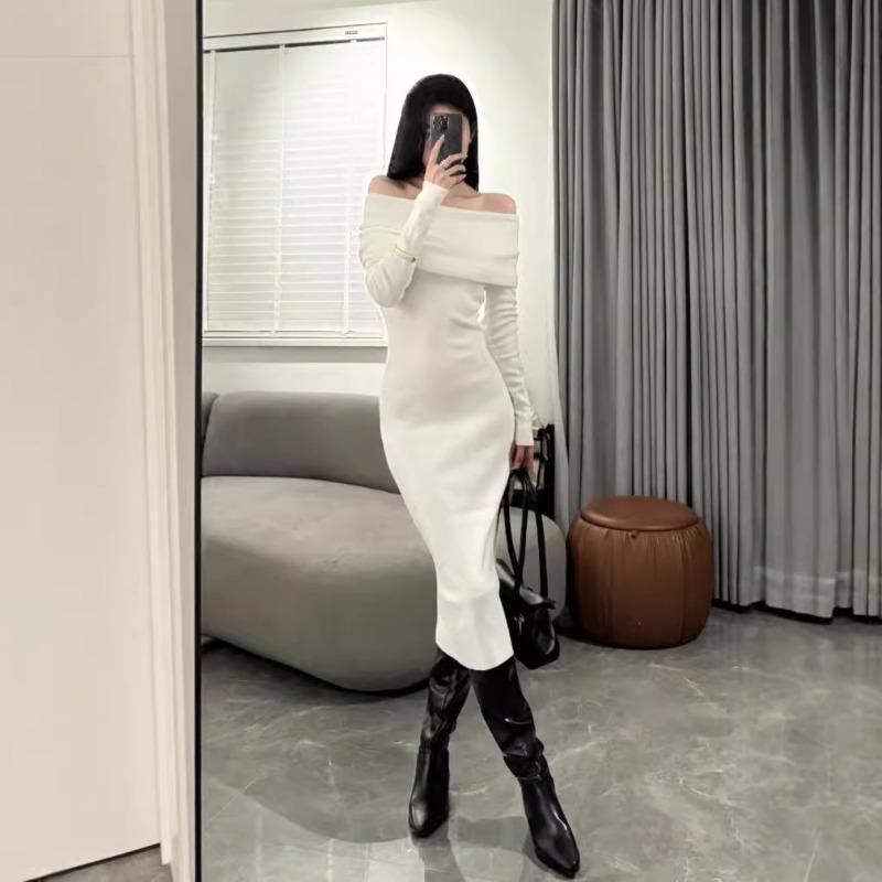 Niche Design Pure Desire Style Sexy One-word Shoulder Slim Fit Hip Temperament Long Skirt Off-the-shoulder Bottoming Knitted Dress
