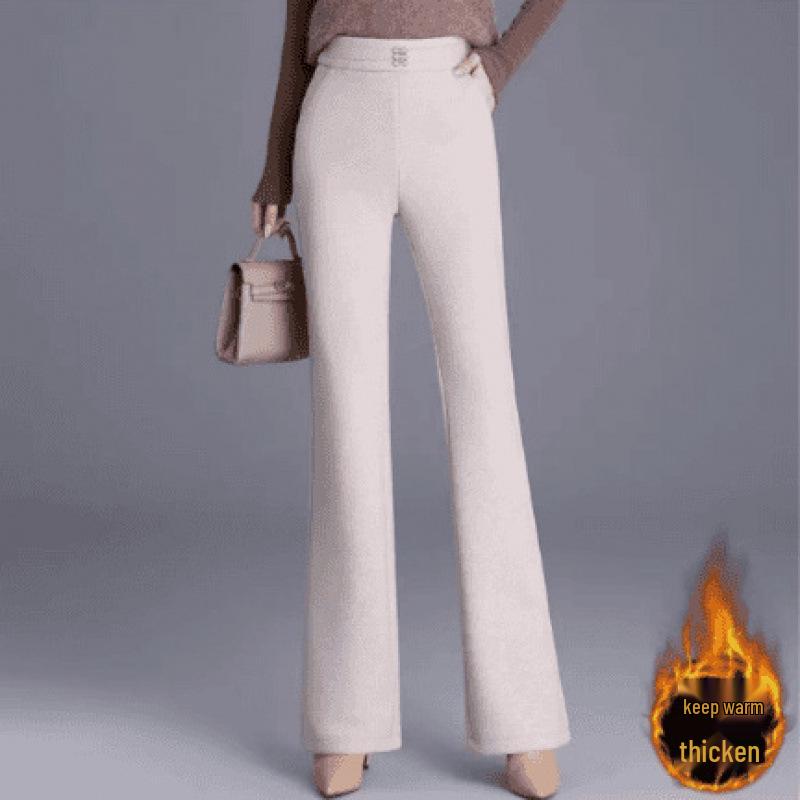 High-Waisted Slimming Women's Plus Velvet Micro-Flare Pants - Elastic Waist & Fashionable Casual Wear for Autumn/Winter