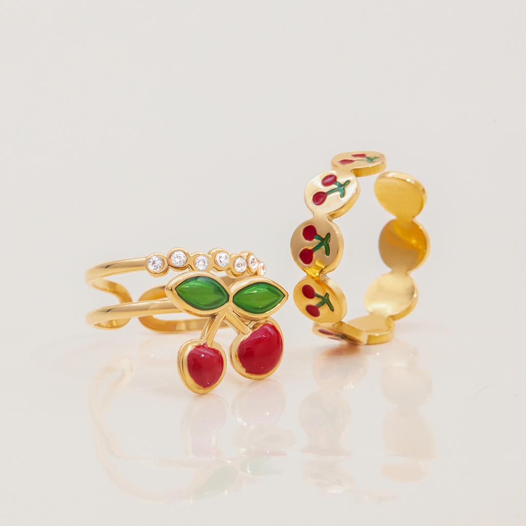 Yori Arrivals Oil Dripping Cherry Adjustable Open Ring 18K Golden PVD Plated Stainless Steel Summer Popular Charm Jewelry Gift