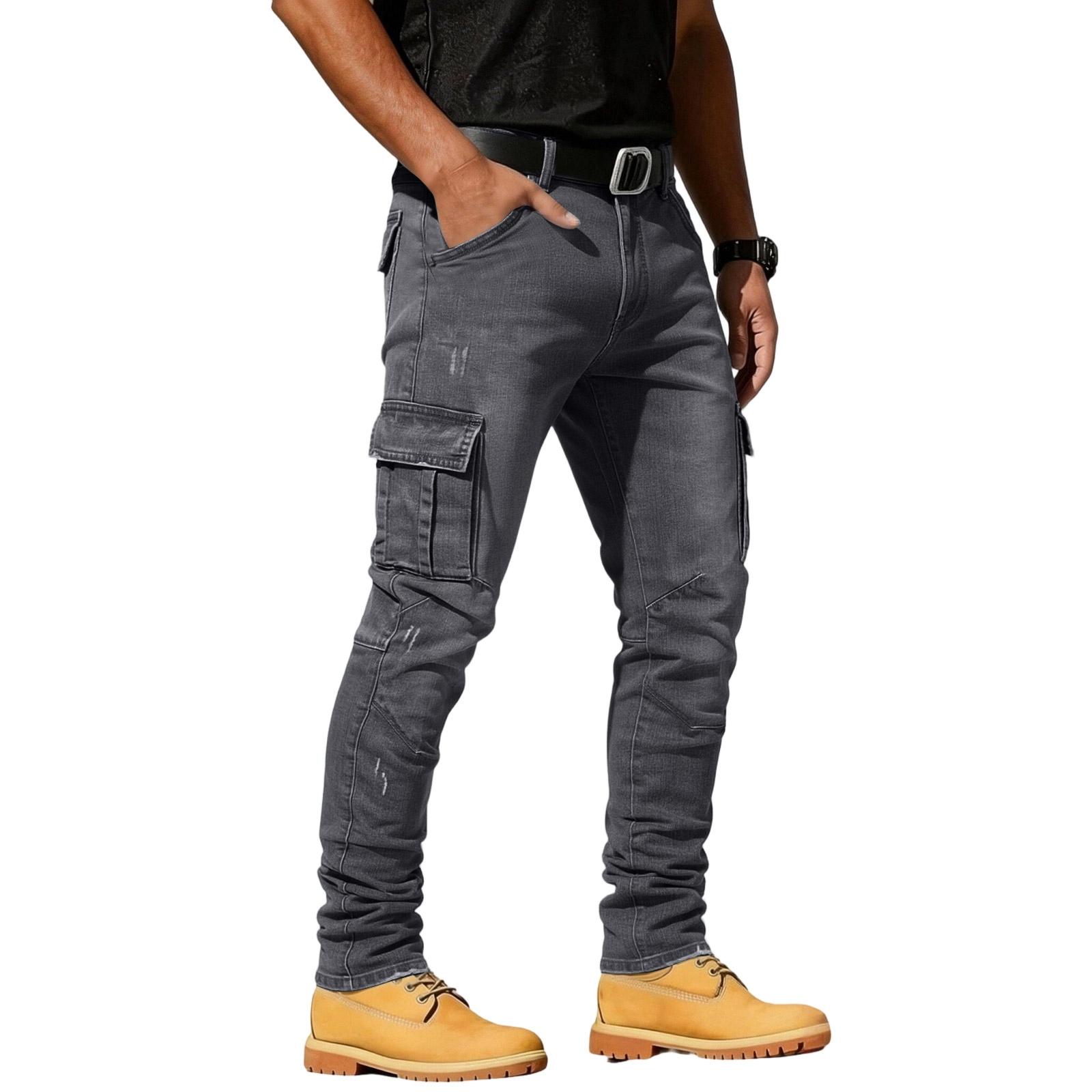 Men s Casual Stylish Slim-fit Jeans - Men s Multi-pocket Distressed Retro- Jeans XXL