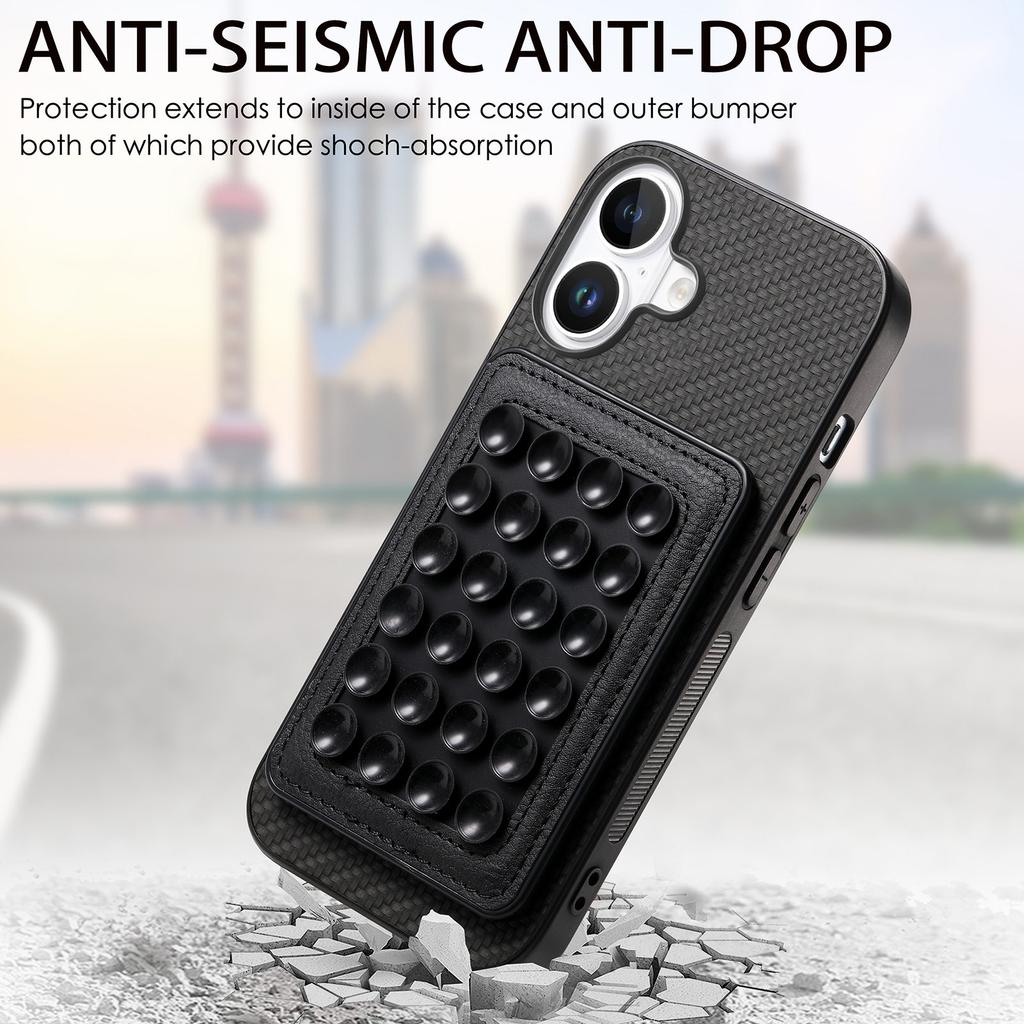 For iPhone 16 Plus Case Carbon Fiber Texture Leather Back Cover with Magnetic Detachable Suction Cup