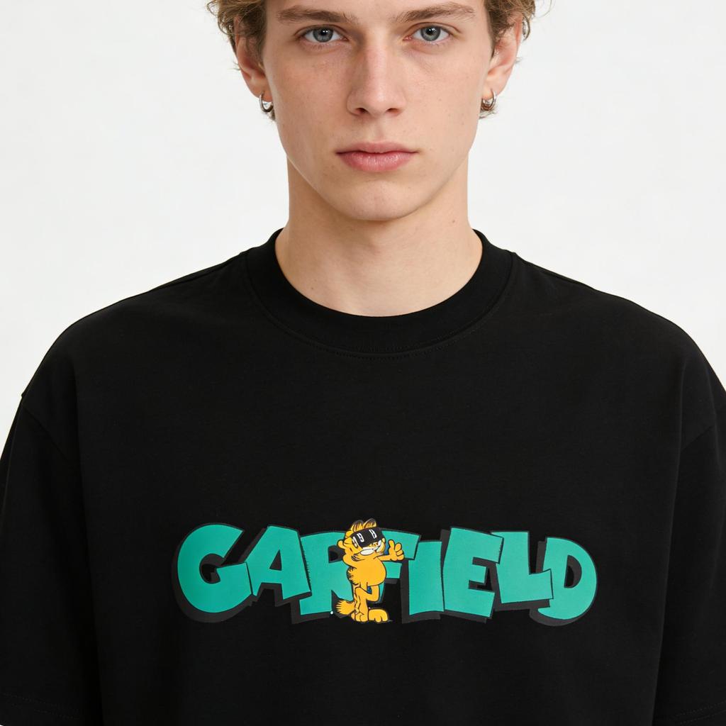 Garfield "GARFIELD" Lake Blue Letter Print Short Sleeve T-Shirt, American Streetwear Brand Heavyweight Cotton Loose Fit Oversized Couple Top
