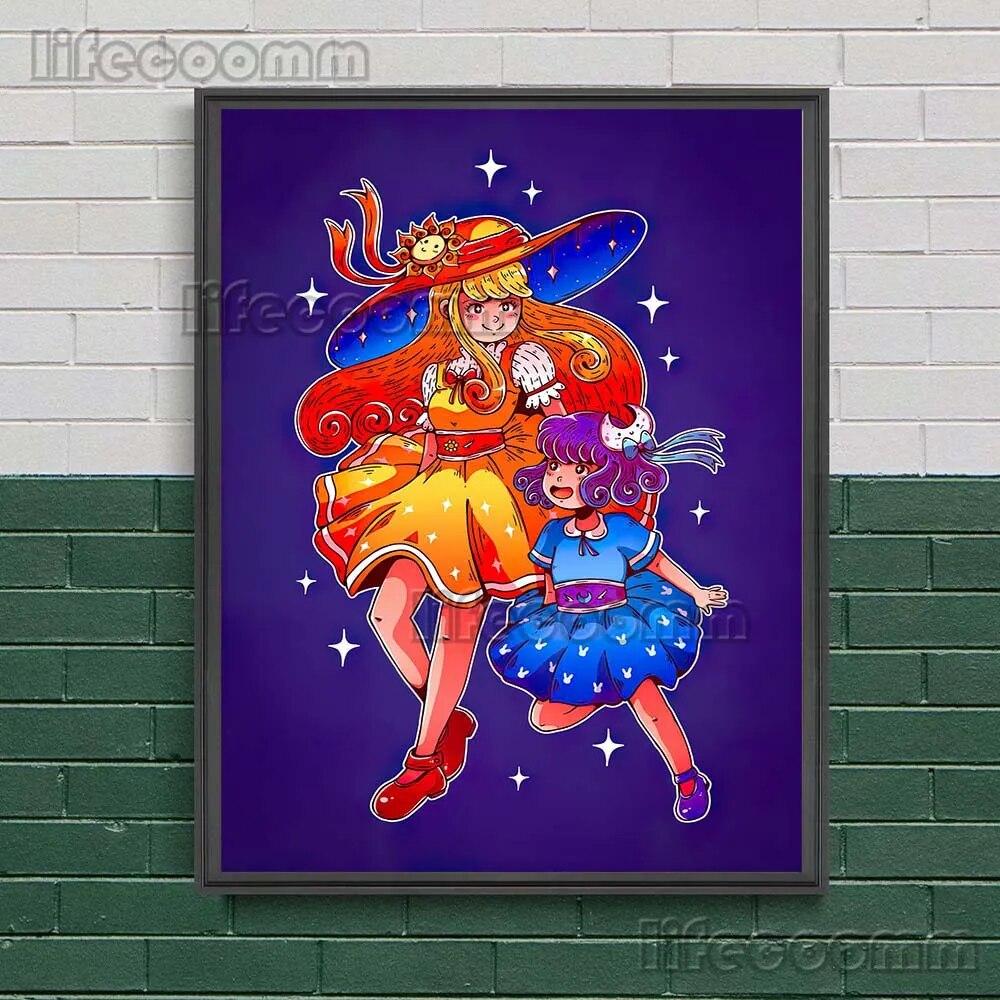 Sonne und Mond Cartoon Bild Kunst Poster, Stern Hexe und Zauberer Katze lustige Wand Kunst Leinwand Malerei Pilz Fee Poster Druck Dekor kein Rahmen