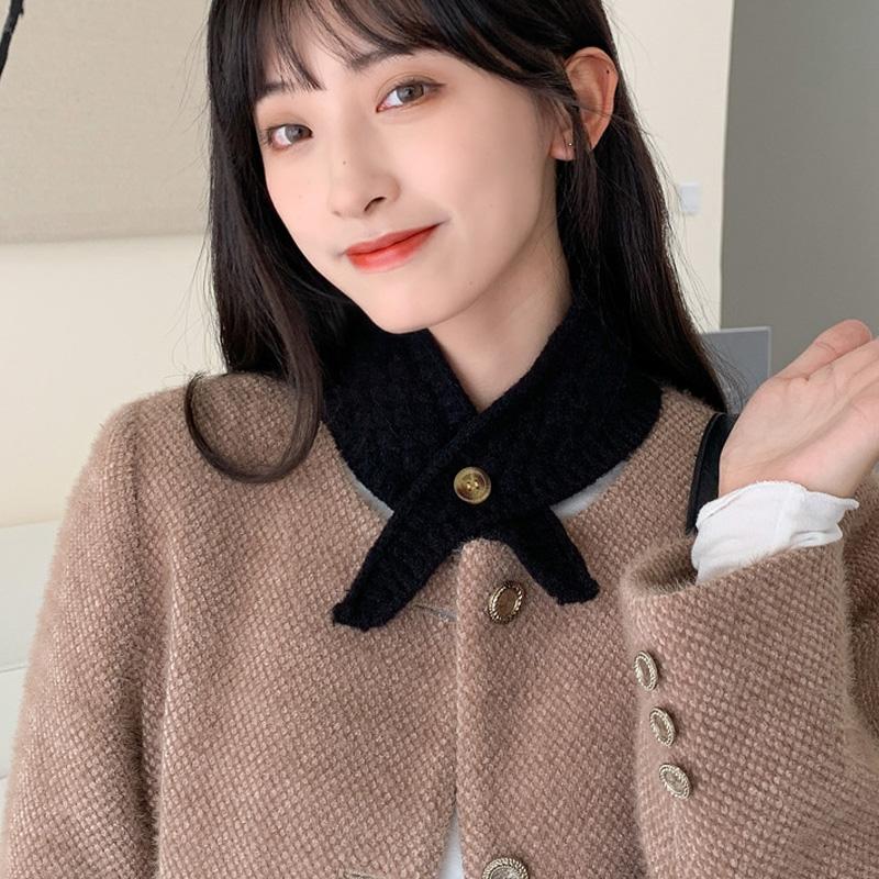 Korean Female Solid Color Triangular Scarve Winter Woolen Knit Elastic Bow Cross Warm Scarfsoft False Collar Neck Guard Bib