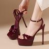 Wino Czerwone Lakierowane Pasek na Kostkę Damskie Seksowne 14CM Sandały Letnie Odkryty Palec Platforma Wysokie Obcasy Buty do Sukienki Imprezowej