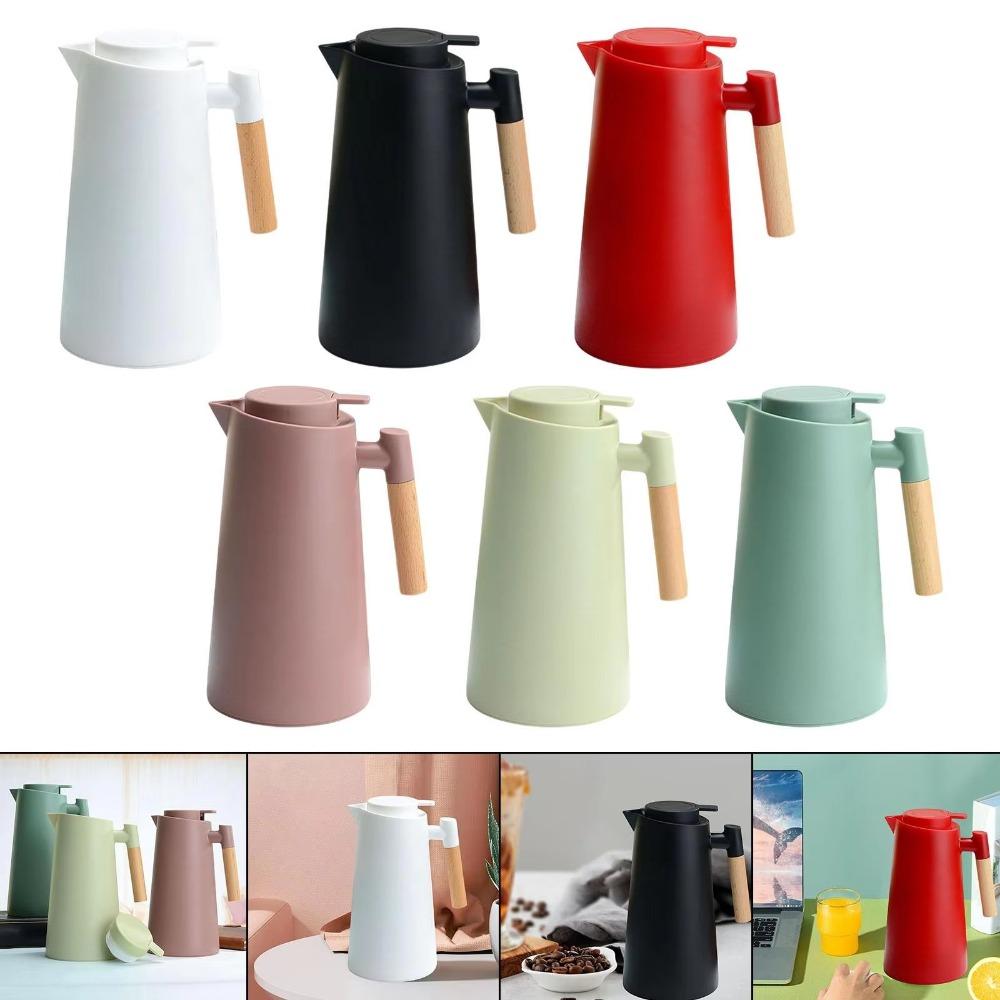 1L Nordic Vacuum Flask Wood Handle Glass Liner Hot Water Jug Bottle Large Capacity Double Walled Household Coffee Pot Drinkware