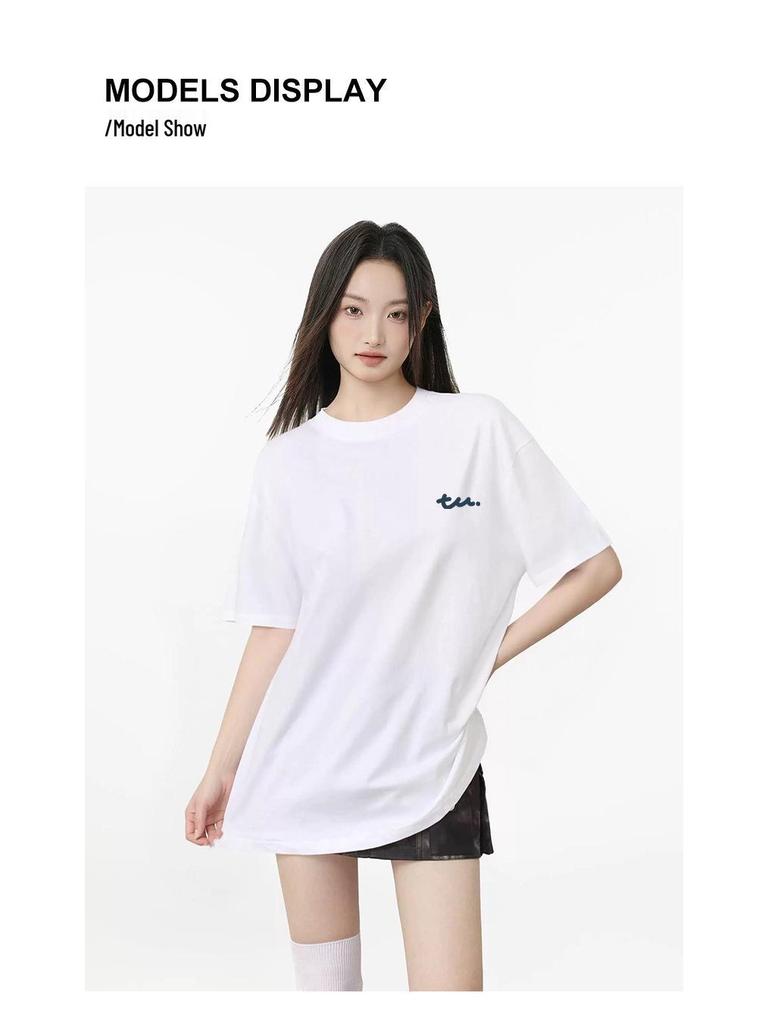 Japanese Minimalist Women's TU Print Cotton T-Shirt - Loose Short Sleeve, Round Neck, Trendy and Versatile Summer Top