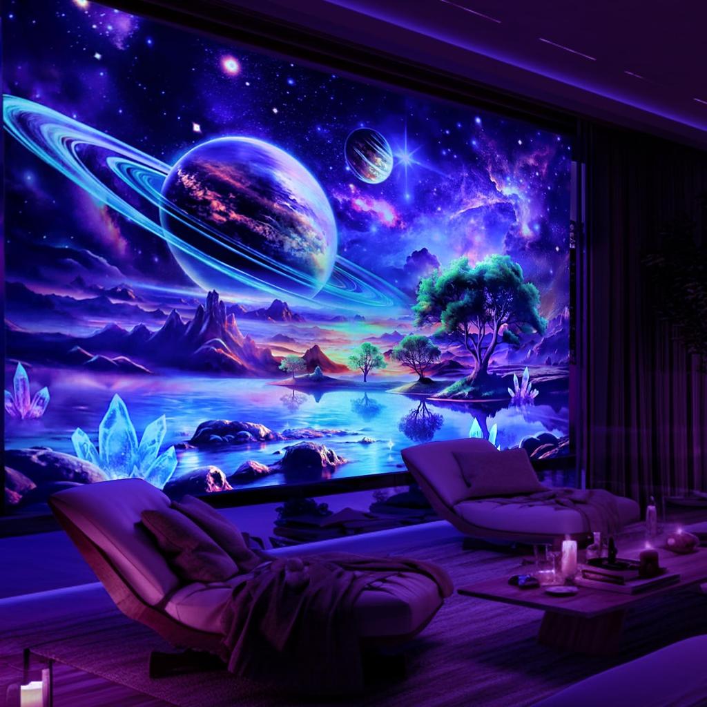 Blacklight Galaxy Space Tapestry UV Reactive Planet Wall Hanging Magical Trees Tapestries Cosmic Mountain Landscape Wall Decor Aesthetic Starry Night