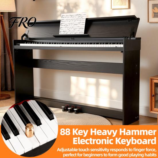 Piano Eléctrico con Soporte 88 Teclas Digitales Triple Pedal Compatible con Bluetooth y USB MIDI, Teclas Sensibles al Tacto, Jack Inteligente para Auriculares, Pantalla LED,
