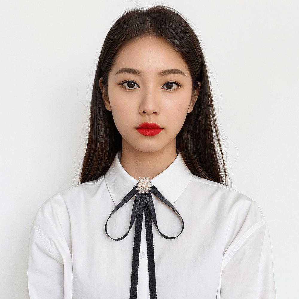 Pearl Black Bow Necktie Solid Color Ribbon Badge Brooch Sweet Funerals Memorial Pin  Shirts