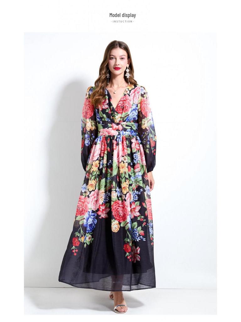 2025 Spring/Summer Floral V-Neck Lantern Sleeve Dress with Ruched Waist & Ruffle Hem