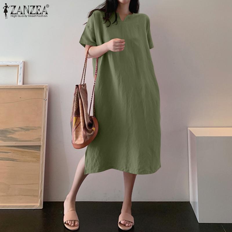 

ZANZEA Женское повседневное хлопковое летнее платье с v-образным вырезом и короткими рукавами