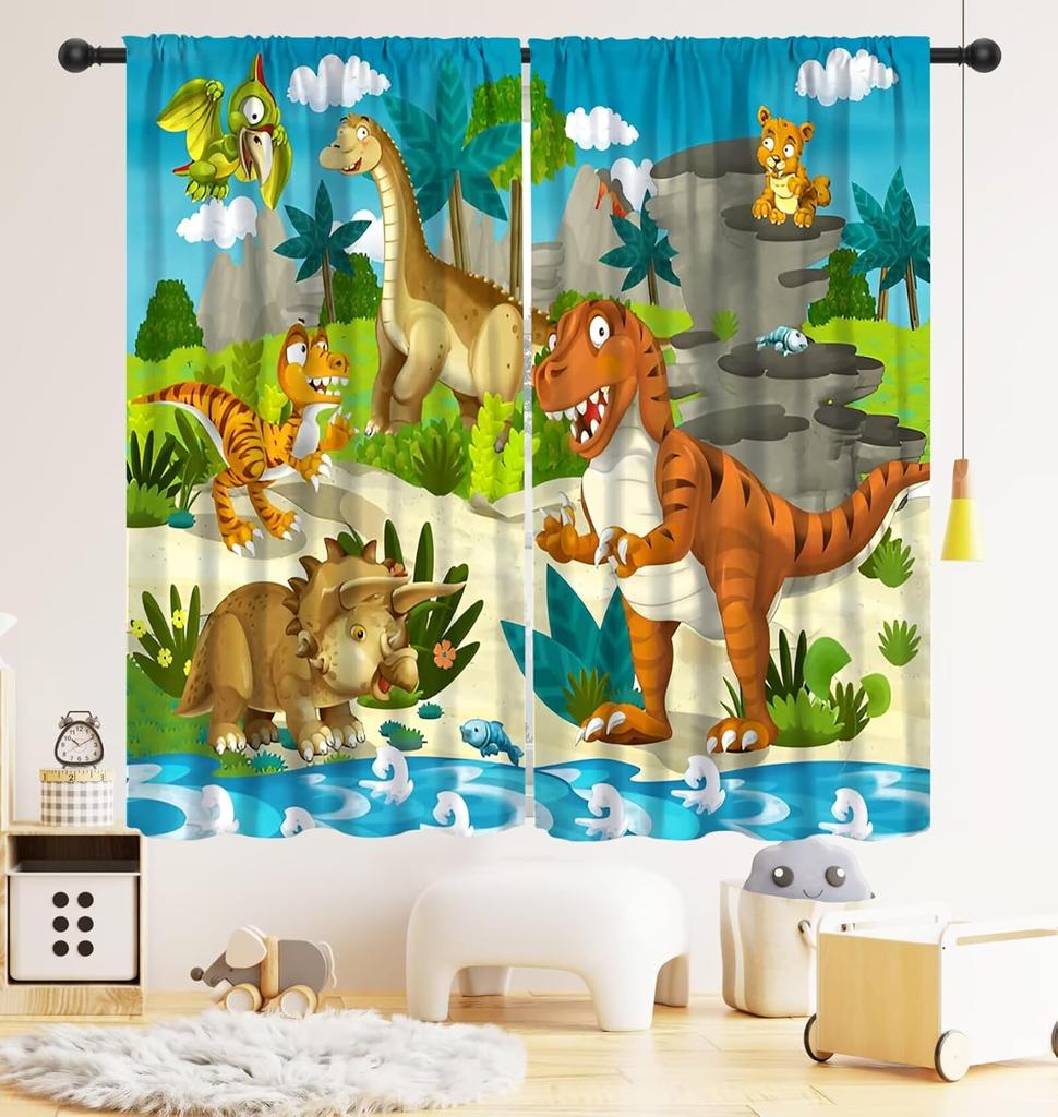Dinosaur Kids Curtains,Cute Dinosaur Blackout Curtain,Cartoon Dino Pattern Window Treatments Drapes Nursery Boys Girl Bedroom