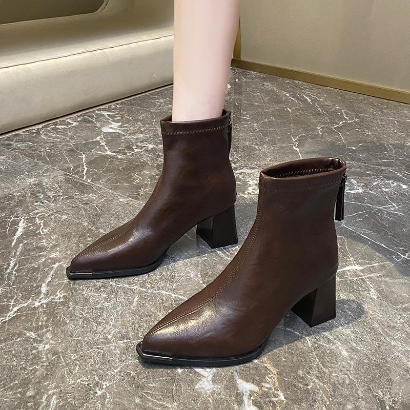 2025 autumn and winter new European and American style pointed head thick heel temperament short boots women's rear zipper high heel thin boots fash