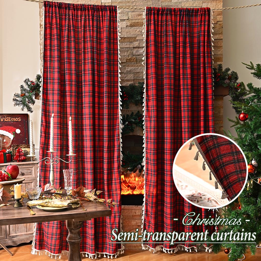 2025New Plaid Pattern Curtains Lace Curtains Rod Tassel Curtains Vintage Red Curtains