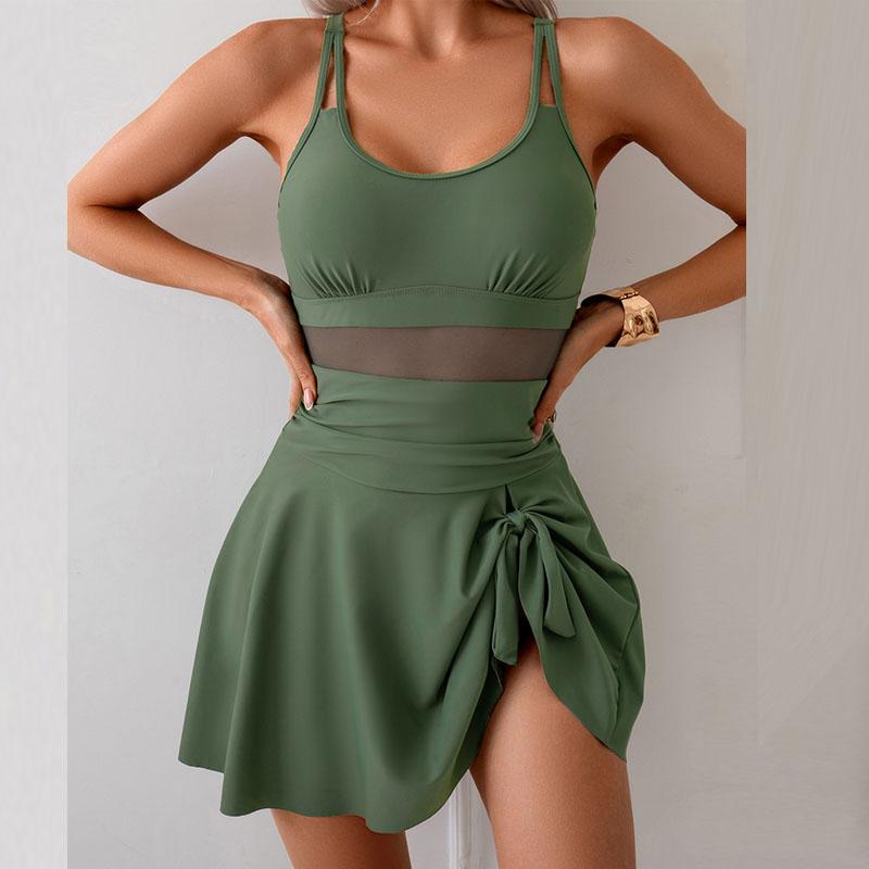 Women Mesh Swimsuit Solid Color Swimdress Female Plus Size Swimwear