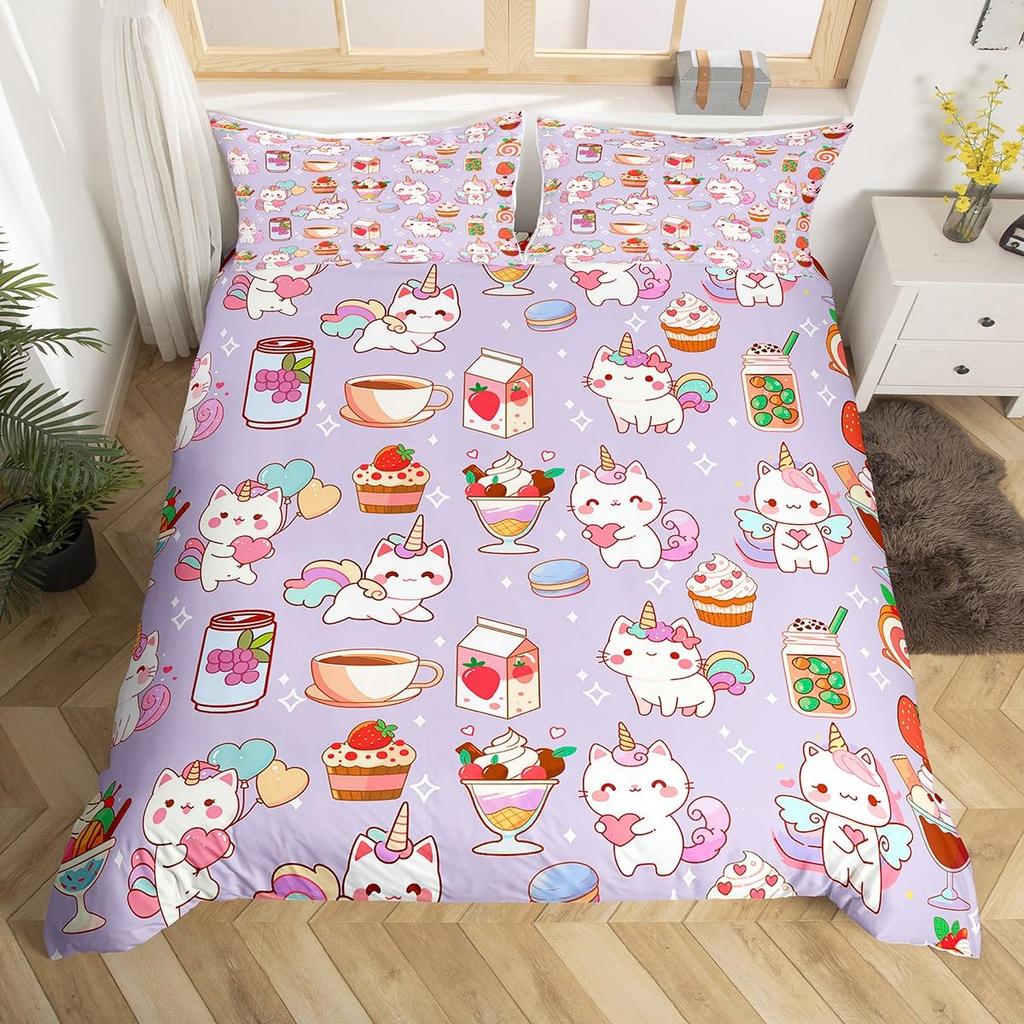 Comforter Cartoon Cat Unicorn Sweet Strawberry Milk Bedding Set Pet Animals Comforter Desserts Cakes Food