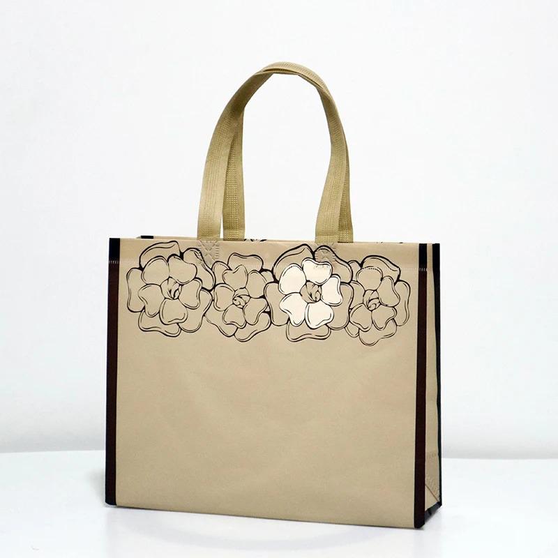 10PCS Rose Printing Packaging Shopping Bag Handle Waterproof Non Woven Fabric Gift Bags Black Clothing Store HandBag