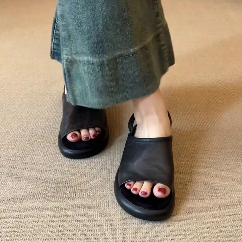 Cowhide version retro open-toed one-word sandals women's summer wear versatile vacation beach shoes flat-bottomed cool slippers