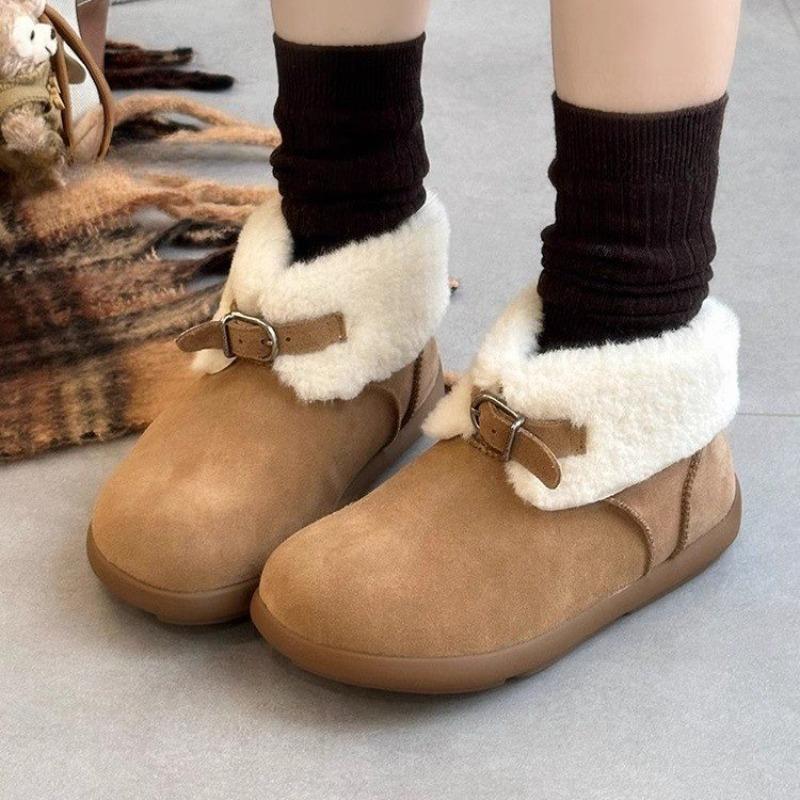 Fashion Women's Flat Snow Boots Winter New Round Head Suede Belt Buckle Soft Sole Anti-slip Wear-resistant Short Boots