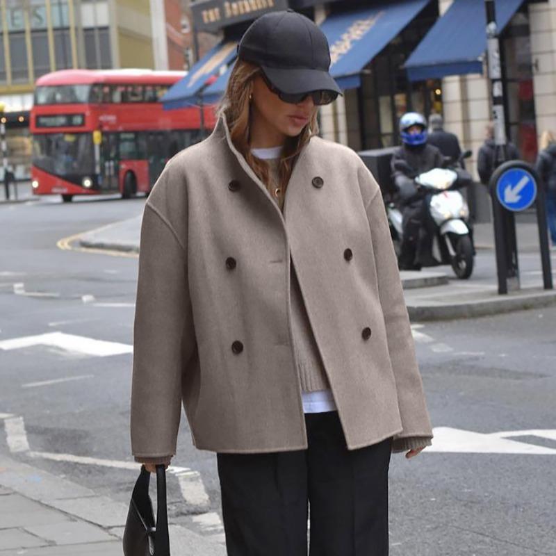 Women S Vintage Brown Wool Blend Coat V Neck Commute Warm Outerwear