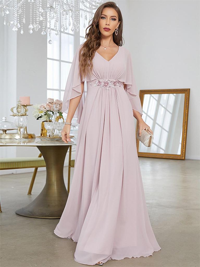 Elegant V-Neck Sequined Evening Gown with Trumpet Sleeves and Embroidered Applique