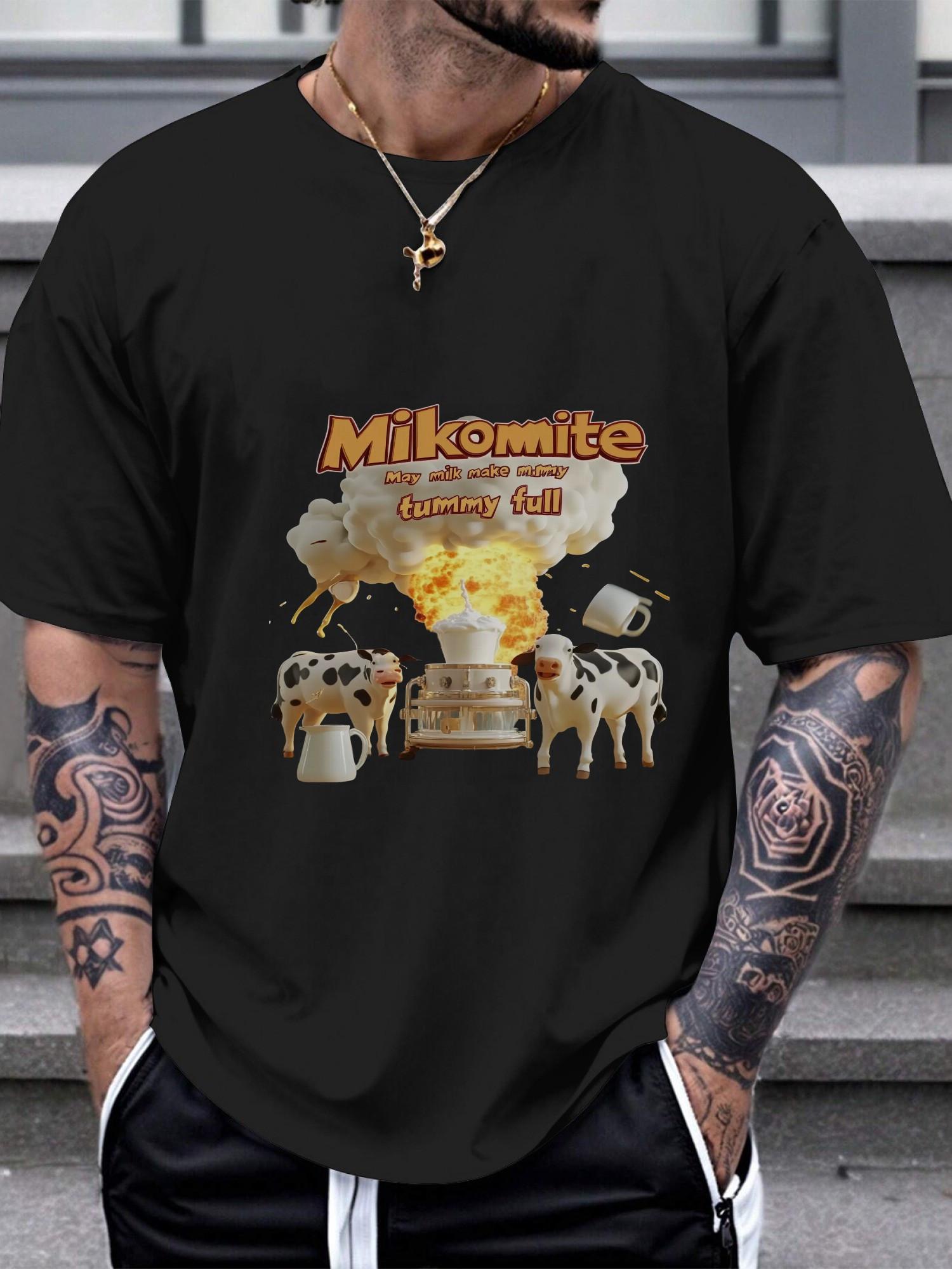 1pc Milkomite Humorous Cow & Explosion Graphic T-shirt - 180g Cotton Crew Neck Short Sleeve Tee with I m A Milkomite Print XXXL