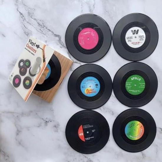 6-piece set retro black rubber record coasters tea cup mats beverage round insulation non-slip anti-mold silicone tape player holder washable