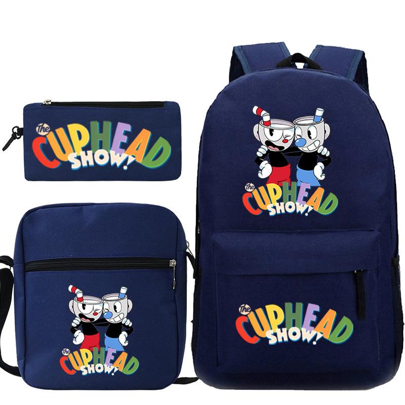 Cartoon Teacup Head Cuphead Student School Bag Backpack Three-piece Set Children's Shoulder Bag Pencil Bag