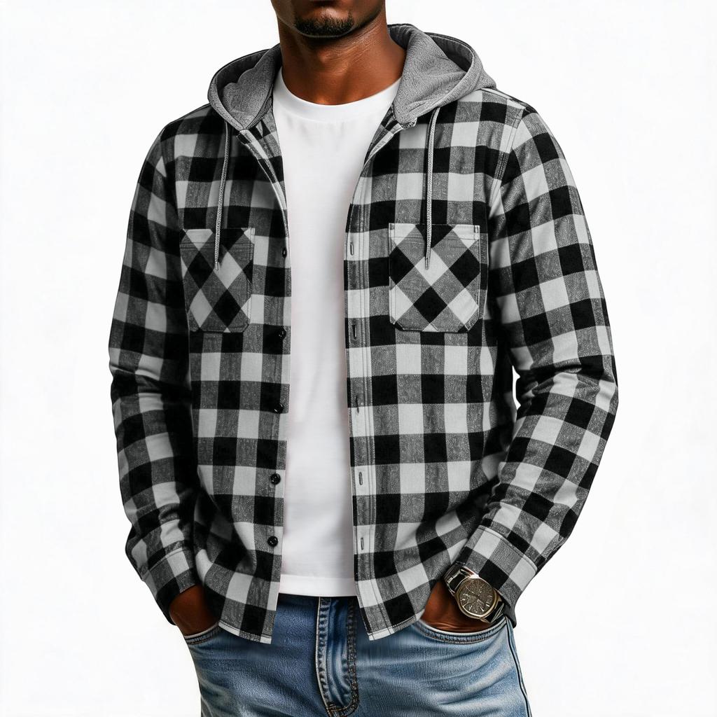 Men's Plaid Flannel Hoodie Fashion Casual Long Sleeve Pullover Sweatshirt with Hood