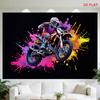 2D Flat, [2D Flat Printing] 1 Large Size Pattern Printing Tapestry- Moto Racer, Colorful Splashes, Action, Dynamic, Motorcycle Sports, Room Wall Decor