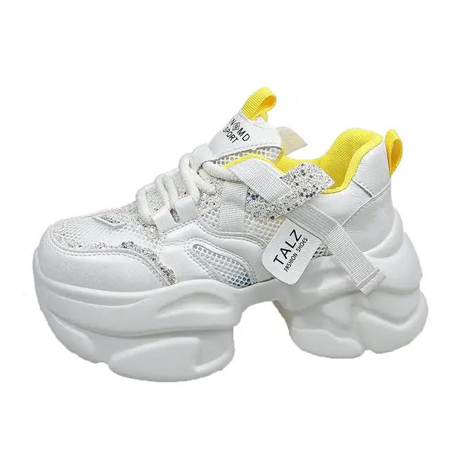 

8CM New Summer Bling High Platform Casual Shoes Ladies Vulcanize Wedges Chunky Sneakers Women Breathable Mesh Sports Dad Shoes 34 жёлтый