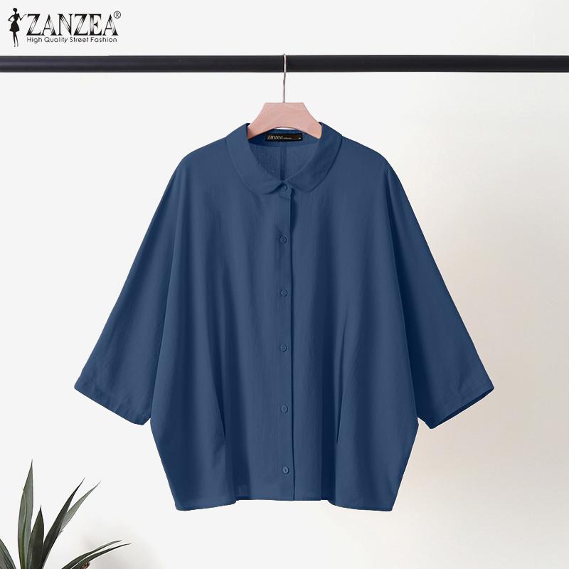 ZANZEA Women Summer Doll Collar Loose Casual 3/4 Sleeve Blouse