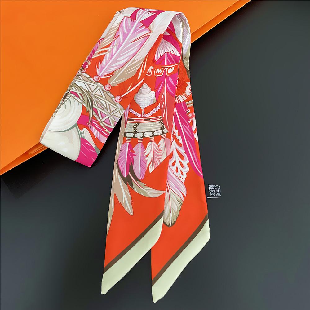 

Brand Indian Feather Bag Scarf 2024 New Design Women Luxury 100% Silk Scarf Fashion Headband Skinny Hair Scarves Neckerchief