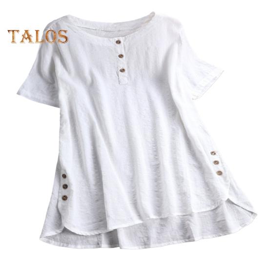 Damskie letnie bluzki z krótkim rękawem, okrągłym dekoltem, luźnym krojem, zapinane na guziki, dekolt nieregularny, jednolity kolor, cienki T-shirt