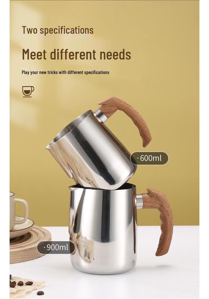 Stainless Steel Latte Art Cup with Wooden Handle and Scale - Thickened Milk Frothing Cup with Pointed Spout for Coffee Art