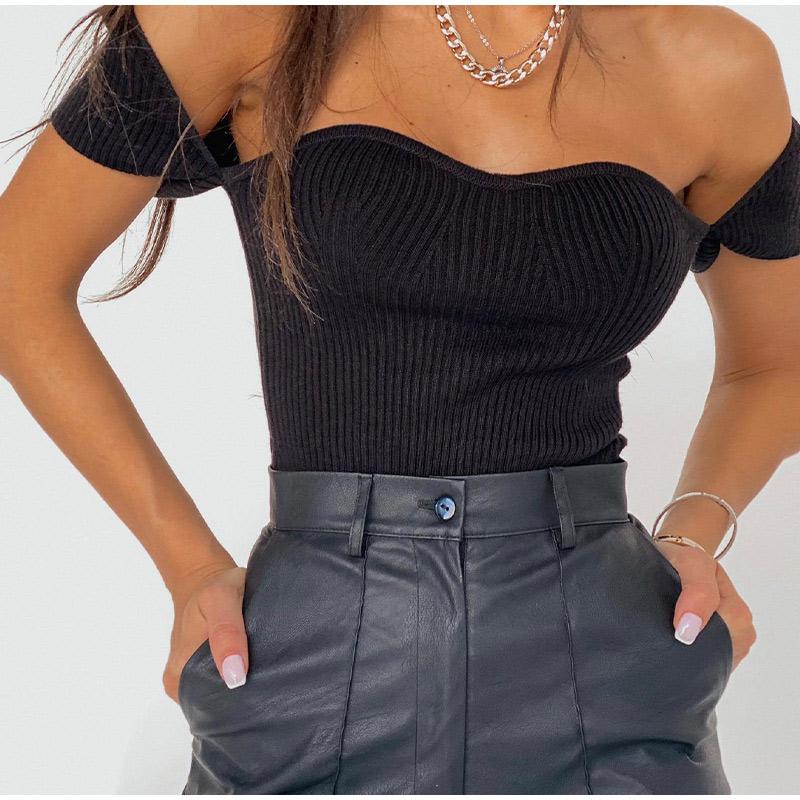 

Сексуальный укороченный топ с открытыми плечами, вязаная футболка с квадратным воротником, элегантные женские футболки с короткими рукавами, тонкая летняя модная футболка 2023 г. M чёрный