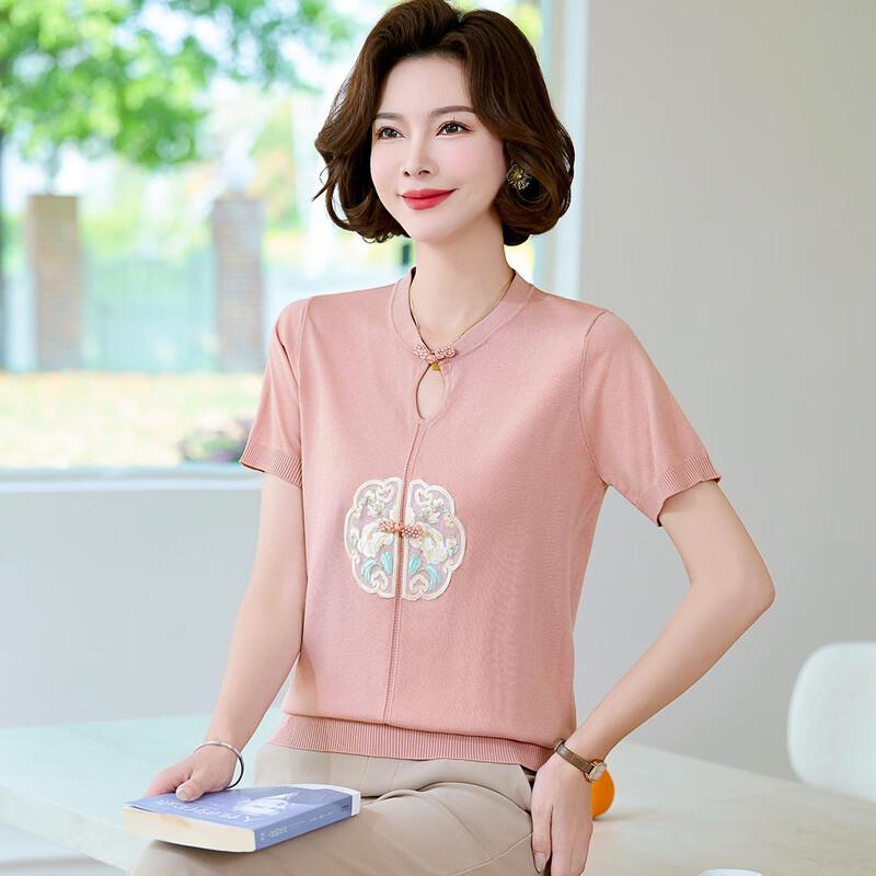 New Chinese Style Embroidered Ice Silk Short Sleeve T-Shirt for Middle-Aged Women