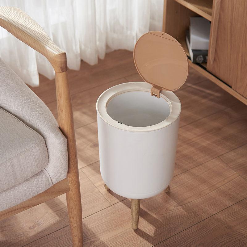 Wooden High Foot Trash Can For Bathroom Creative Kitchen Wastebin with Press Cover Living Room Toilet Garbage Container