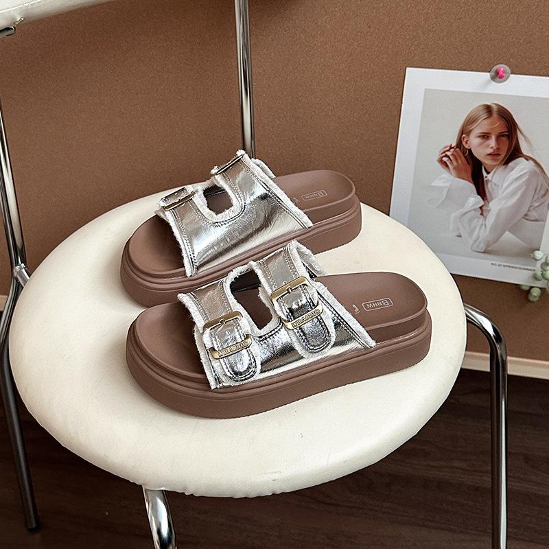 Cowhide Version Thick-bottomed Shit-stepping Slippers for Women's Summer Wear 2025 New Thick-bottomed Beach Vacation Wind One-word Cool Slippers