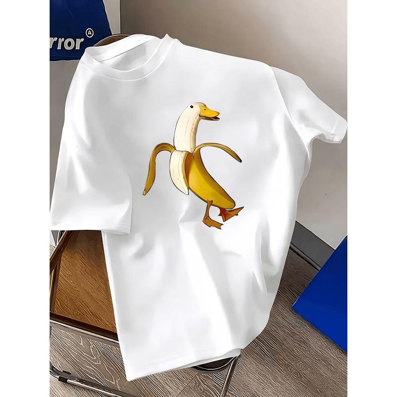 European sizes Boys  Banana Duck Print T-Shirt - Lightweight Short Sleeve Round Neck Tee with Banana Duck & Duck Banana Graphic 110 белый