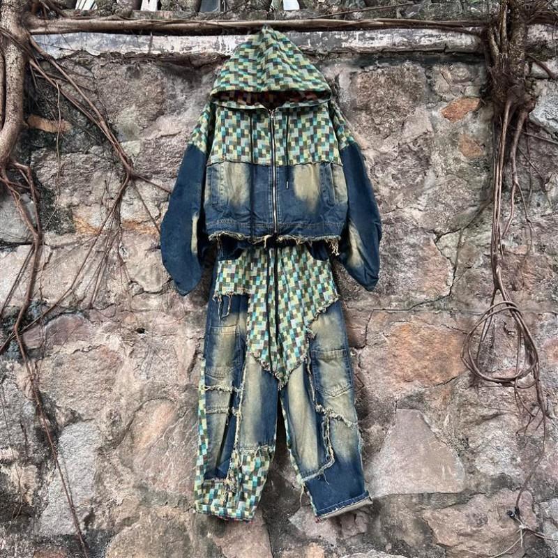Womens Vintage Print Denim Jacket Baggy Pants Set Streetwear 2-Piece