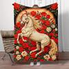 Horse and Roses Flannel Blanket Soft Warm Animal Print Throw Cover Artistic Home Decor Gift for Horse Lovers Cozy Bedding Living