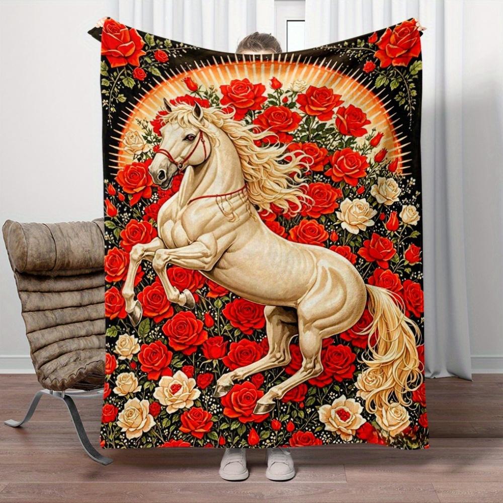 Horse and Roses Flannel Blanket Soft Warm Animal Print Throw Cover Artistic Home Decor Gift for Horse Lovers Cozy Bedding Living