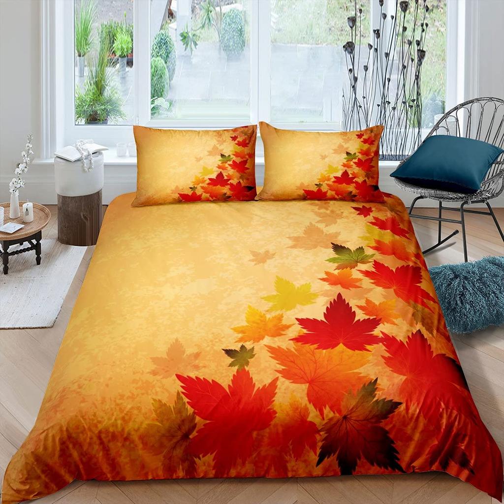 Comforter Autumn Fallen Leaves Red Maple Leaf Nature Bedding Set Sunshine Tree Woods Natural King